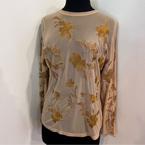 Floral Embroidered Long Sleeve Top - Gold and Cream